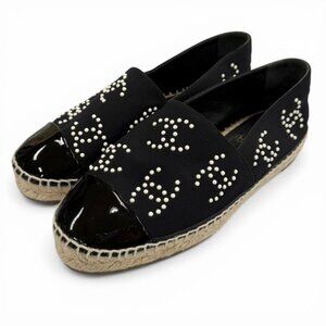 Chanel CC Logo Espadrilles Patent Leather Flat Shoes Slip on Black 36